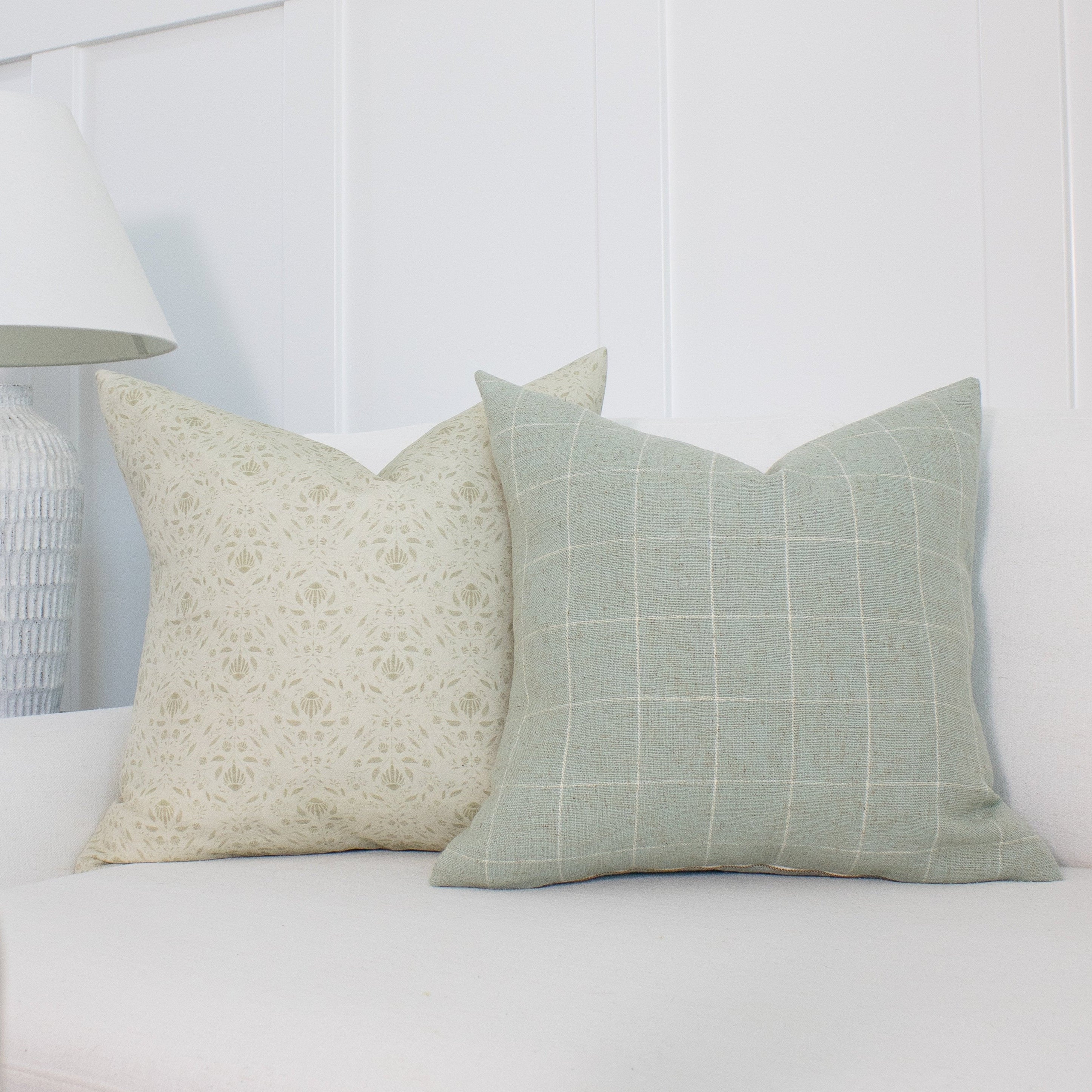 Windowpane in Seafoam Pillow Cover Light Green Grid Pattern